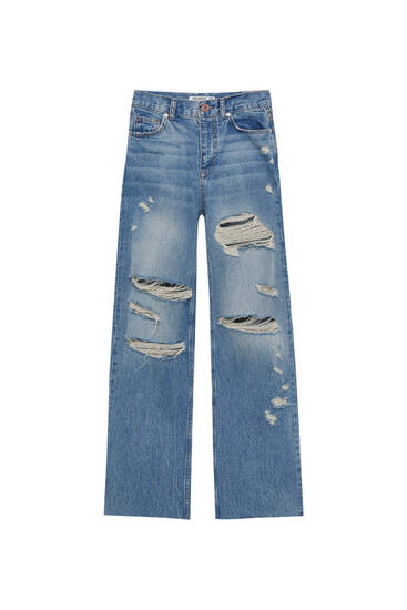 ג'ינס בגזרה ישרה עם קרעים
