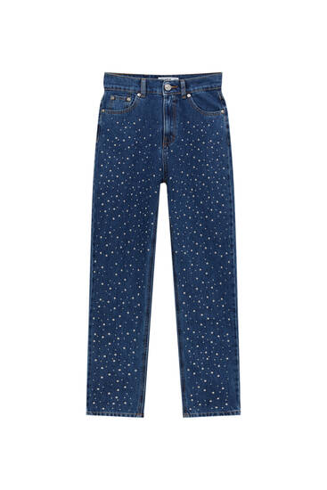 Mom jeans with rhinestone detail