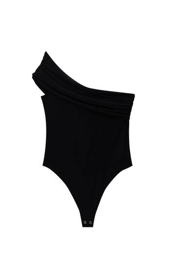 Black asymmetric draped bodysuit