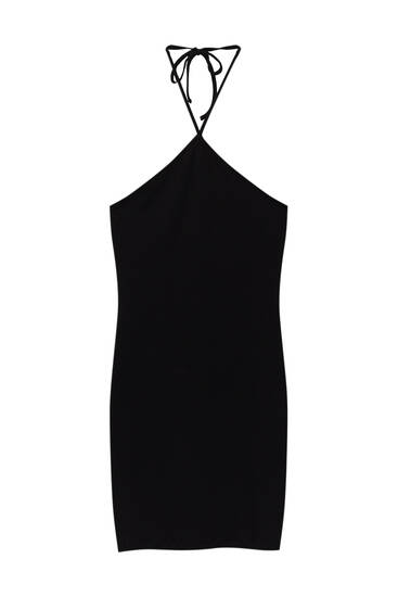 Krótka czarna sukienka z dekoltem halter