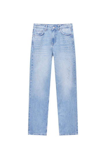 Straight-leg mid-waist jeans with rhinestones