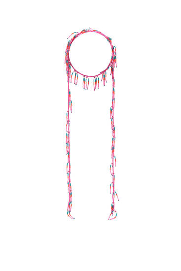 Beaded tie-style necklace with fringing