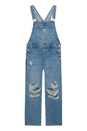 Denim dungarees with ripped detail