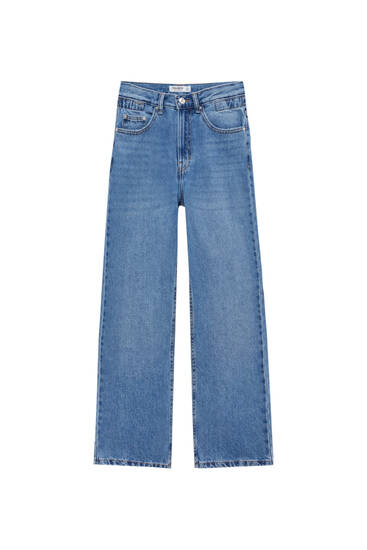 Jeans retas de cintura subida com elástico na cintura