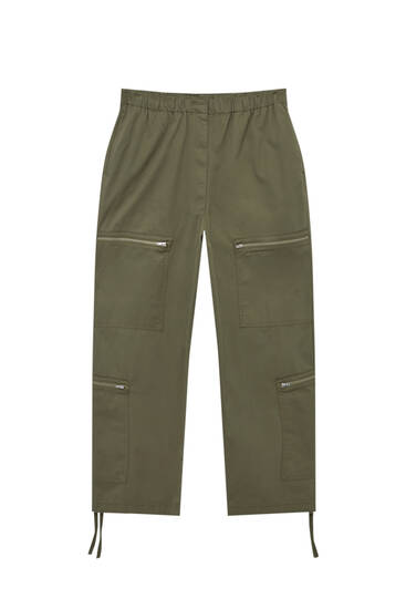 Khaki cargo trousers with zips