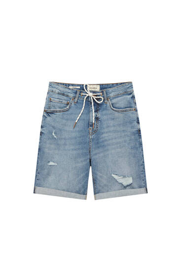 Mid blue ripped skinny fit denim Bermuda shorts