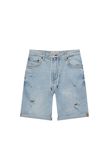 Light blue ripped skinny fit denim Bermuda shorts