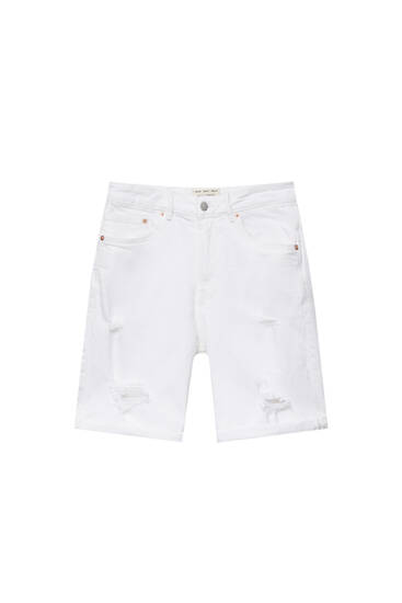 White ripped slim fit denim Bermuda shorts