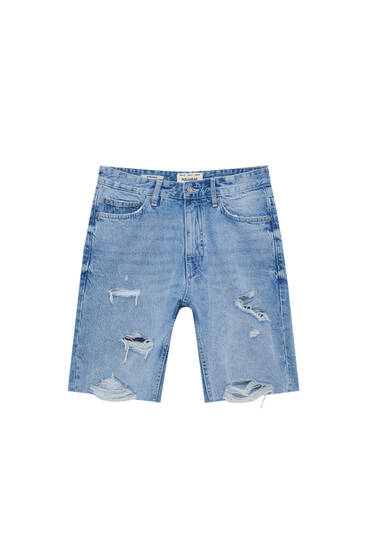 Straight-fit denim Bermuda shorts with ripped legs