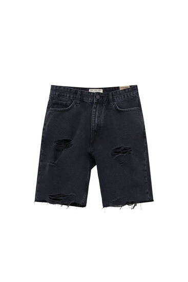 Straight-fit denim Bermuda shorts with ripped legs