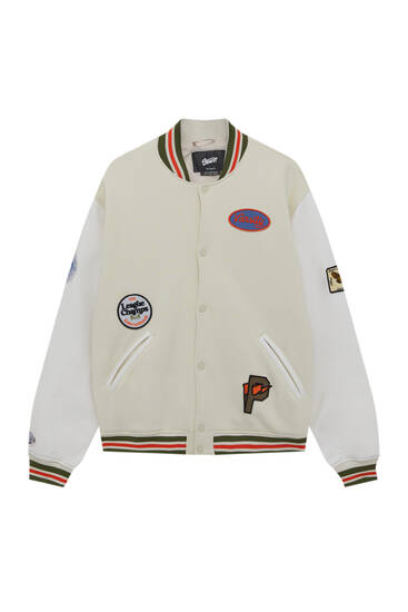 White bomber jacket with patches