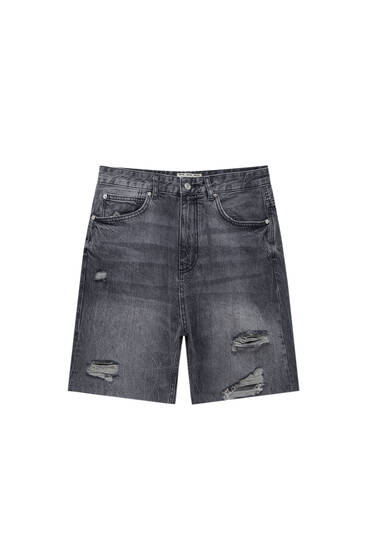 Relaxed fit gray denim Bermuda shorts with ripped detail