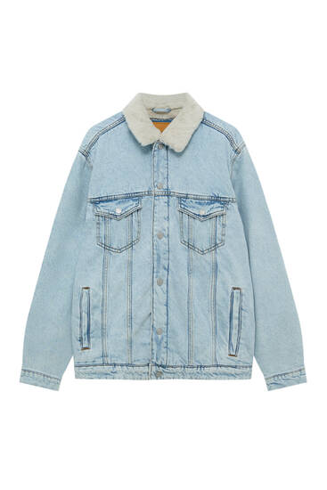 Faded denim jacket with faux shearling collar