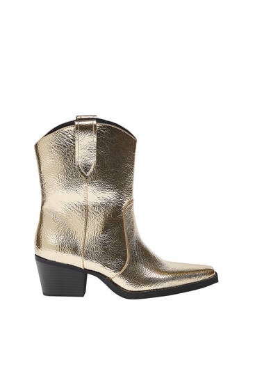 Metallic heeled cowboy ankle boots