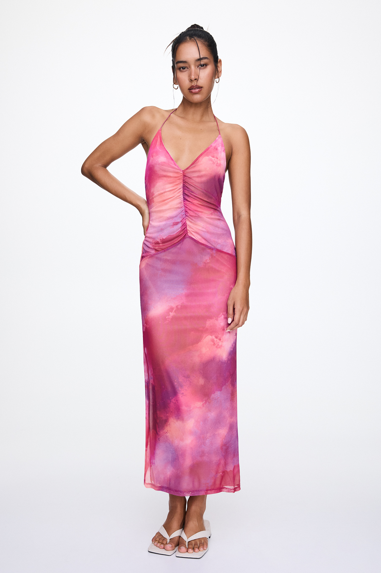 Vestidos De Fiesta Baratos Vestido ZARA Satin Effect Midi Tie-dye