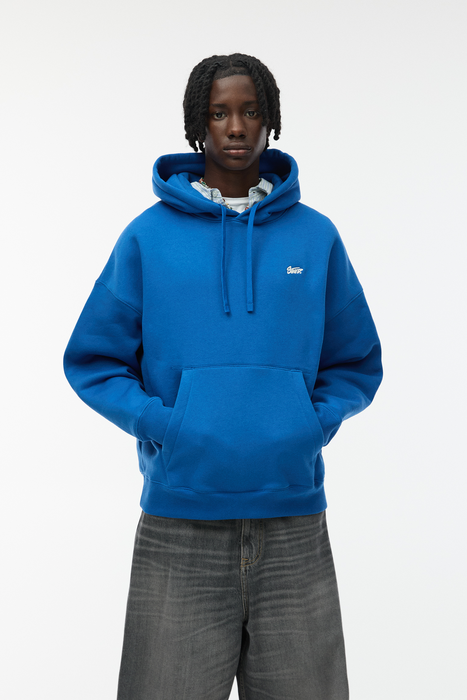 Blue pull and bear hoodie on sale