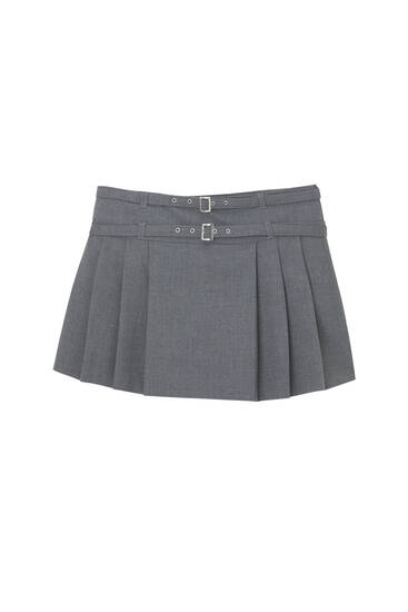 Skort with box pleats and double belt