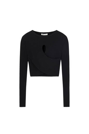 Cropped-Pullover in Wickeloptik mit Cut-out