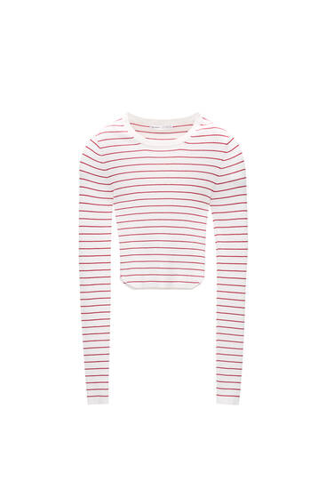 Cropped striped ribbed jumper