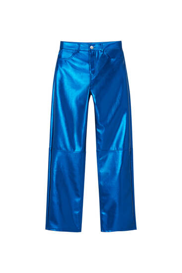Mėlyni metališki tiesaus silueto džinsai