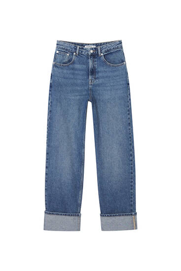 Voľné vrecovité džínsy s vyhrnutým lemom