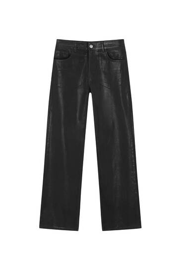 Straight fit coated-effect trousers