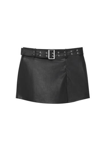Belted faux leather mini skirt