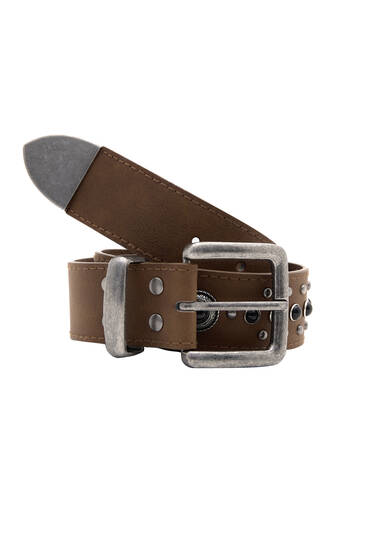 Faux leather belt with studs and stones