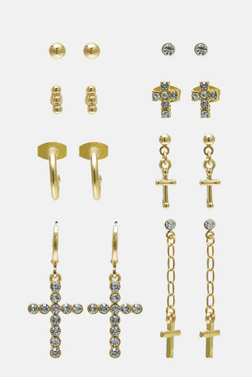 Pack of 8 pairs of cross and rhinestone earrings