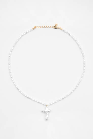 Faux pearl cross necklace