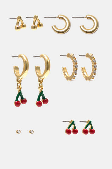 Pack of 6 pairs of cherry earrings