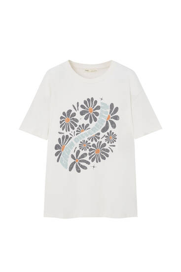 T-shirt met bloemen- en tekstprint
