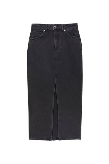 Long denim skirt with slit