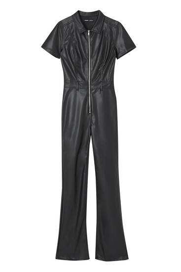 Faux leather jumpsuit with short sleeves