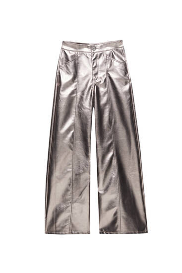 Super široké metalické nohavice z koženky