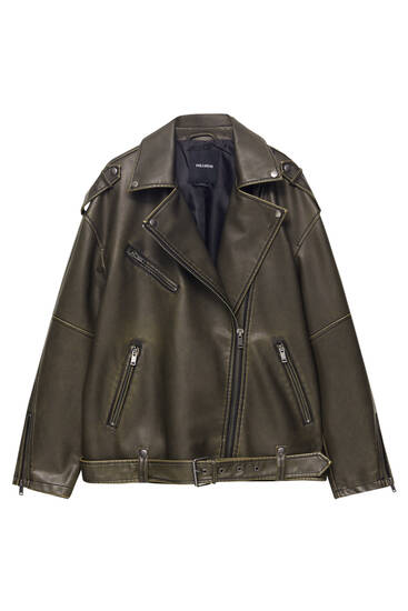 Distressed faux leather biker jacket