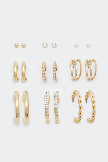 Pack of 9 pairs of gold-toned earrings