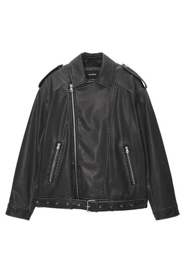 Black faux leather biker jacket with belt