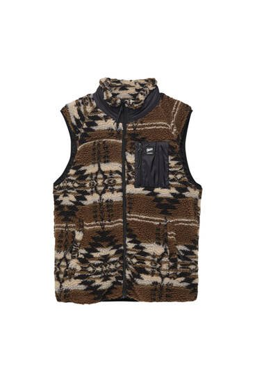 Printed faux shearling waistcoat with combined pocket