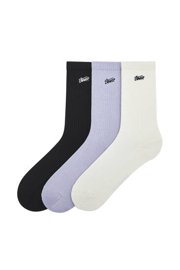Pack 3 pares calcetines lila bordado
