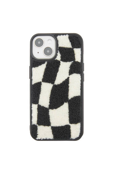 Faux shearling iPhone case with chequered detail