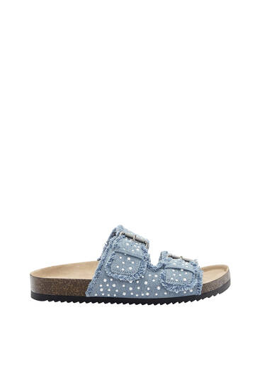 Buckled denim sandals with faux pearls