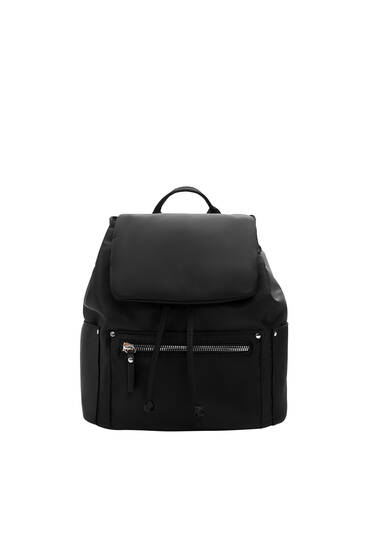 Nylon-effect backpack with flap
