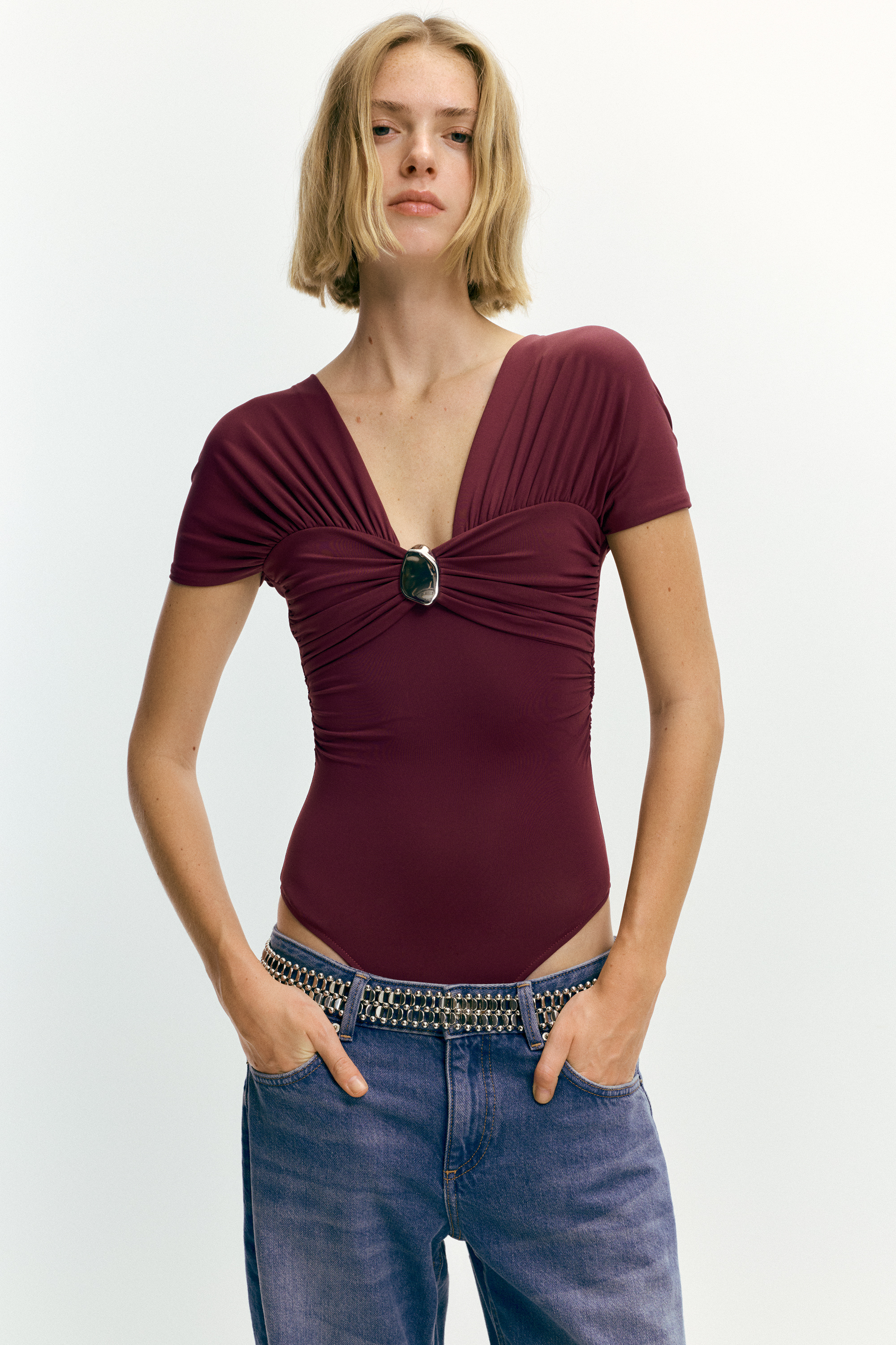 Draped applique bodysuit