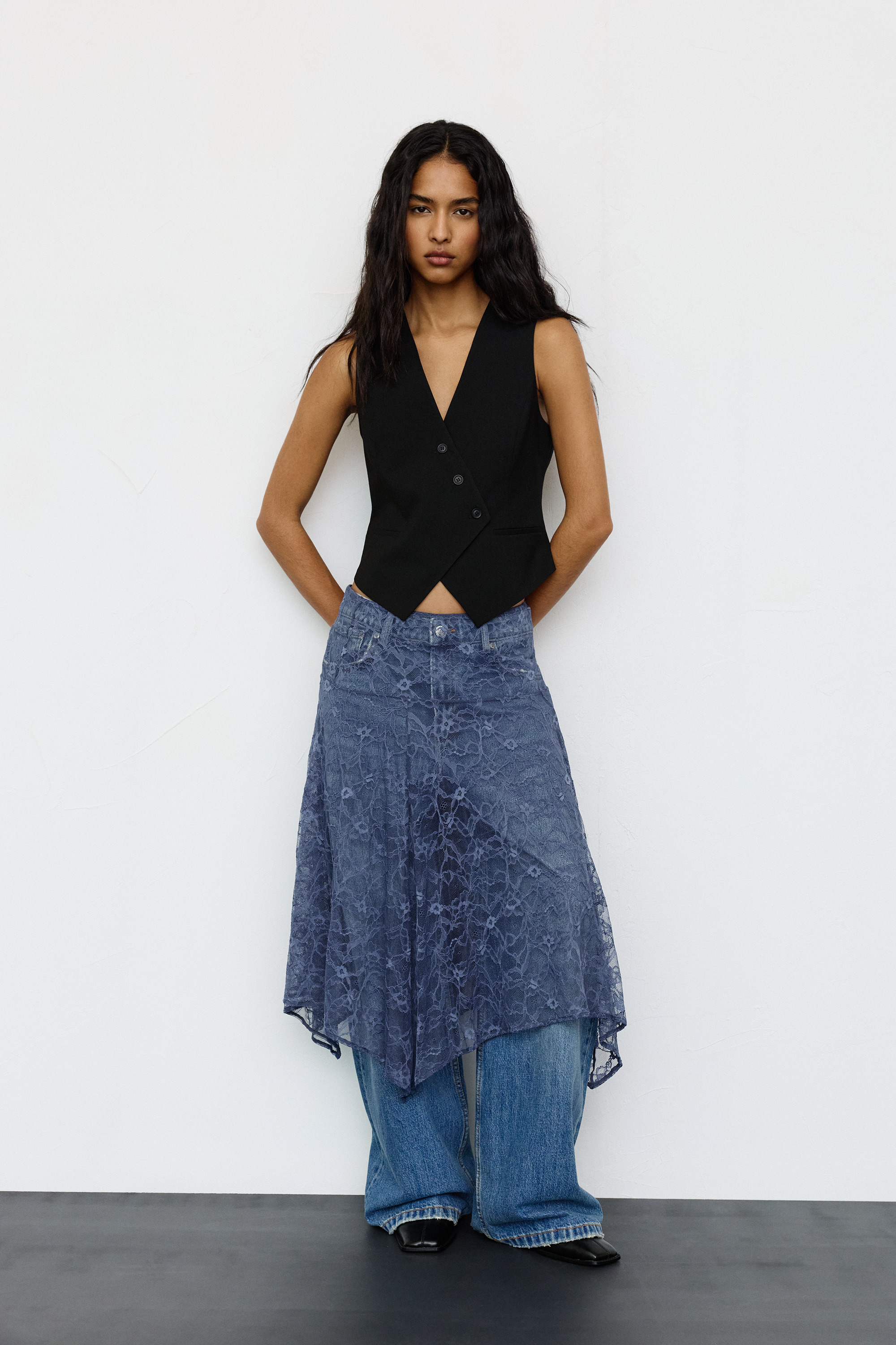 Asymmetric lace midi skirt