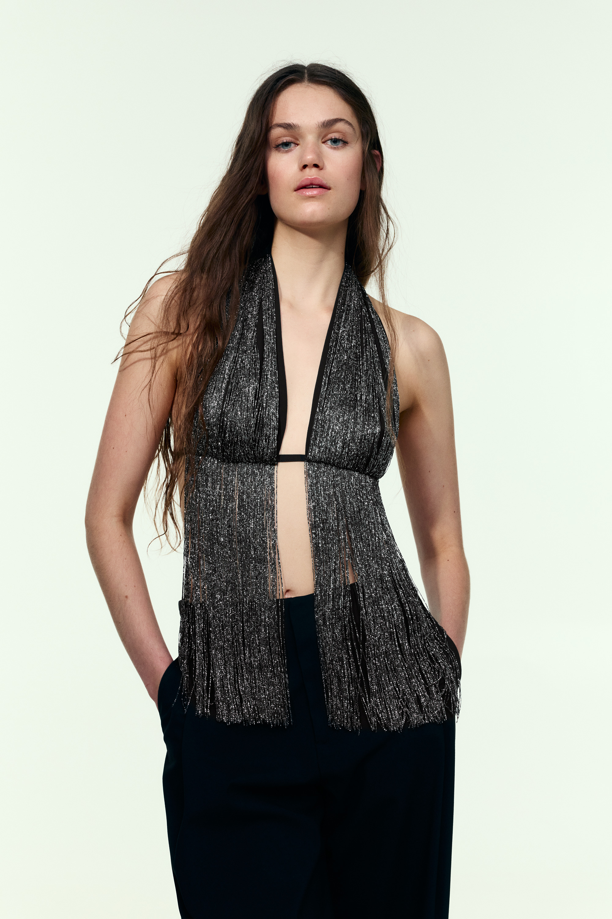 Top halter flecos brillo