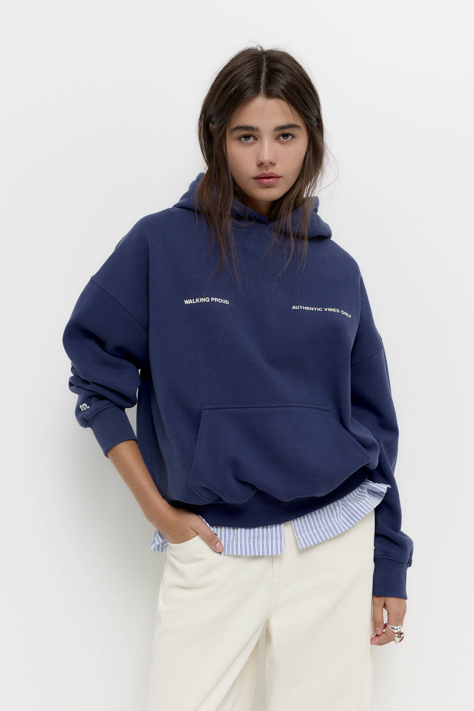 Donkerblauwe capuchonsweater met tekstprint - PULL&BEAR