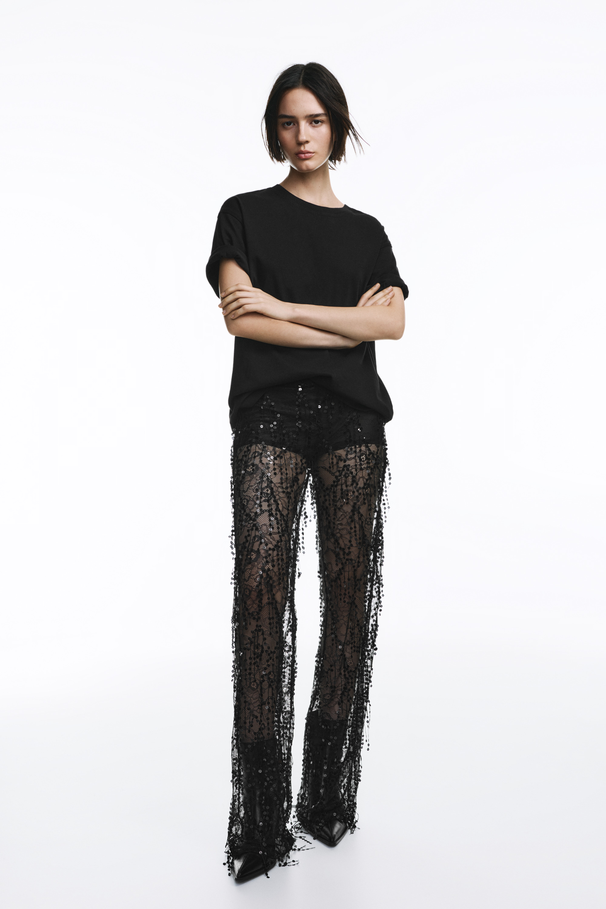 Pantalón flare encaje lentejuelas