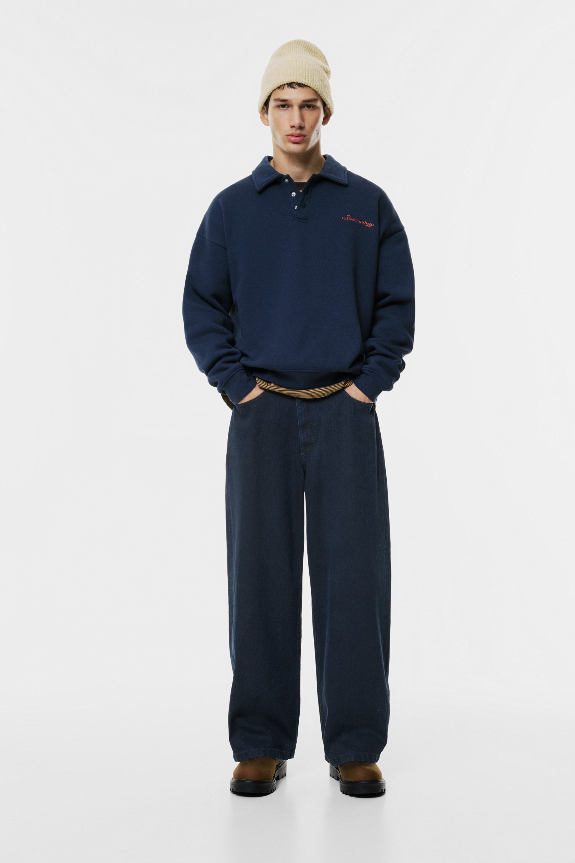 Coated barrel jeans with crossover waist