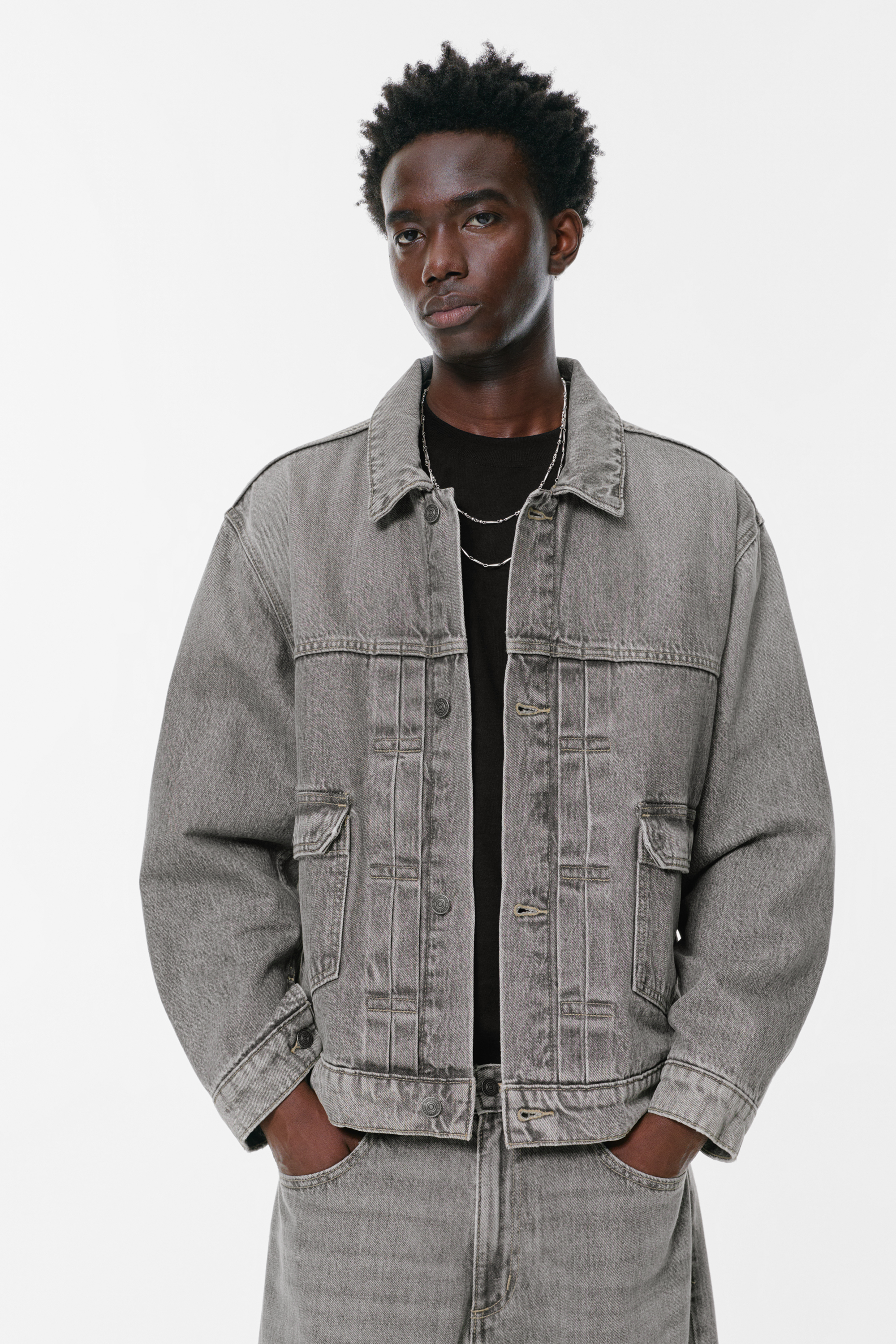 Grey denim jacket with pockets